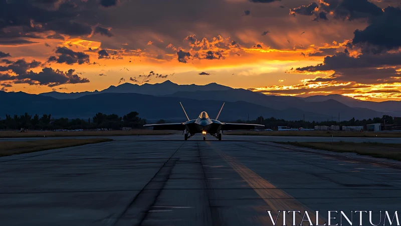 Jet silhouette aligned on runway beneath blazing sunset sky.