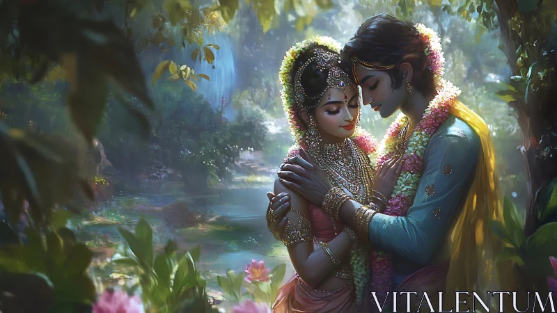 A couple in ornate traditional attire shares an intimate moment in a luminous garden