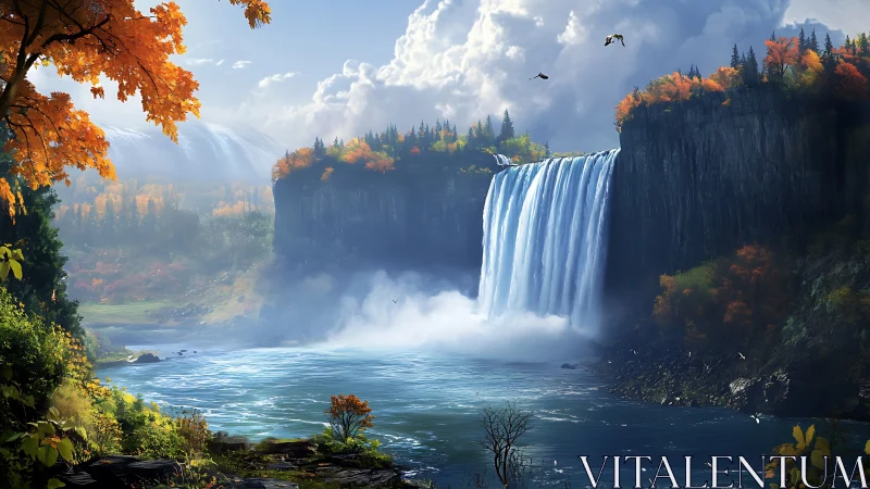 Autumn canyon waterfall cascades into misty basin under stratiform clouds