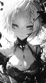 Monochrome android girl bound in flowing black ink shards.