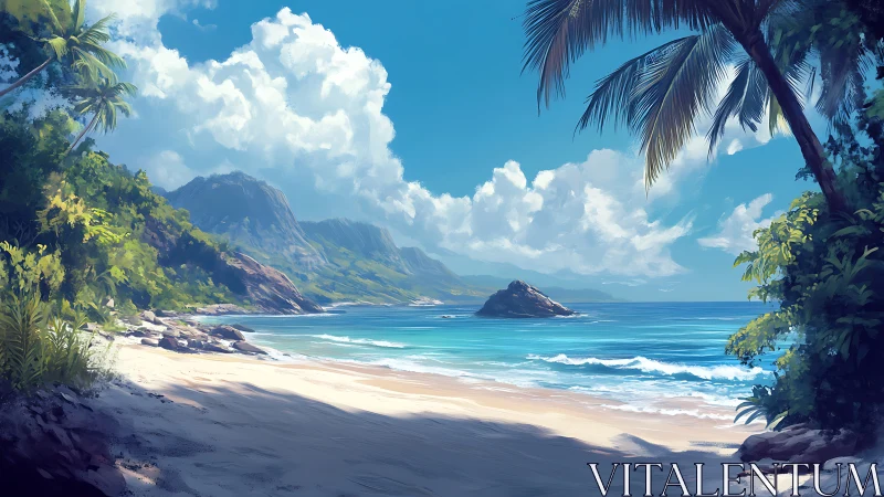 Tropical Coastal Landscape with Volcanic Islands and Palm Framed Vistas