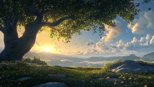 Golden sunrise beneath ancient tree over misty valley.