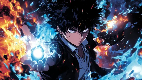 Anime sorcerer commands blazing fire and blue energy spheres.