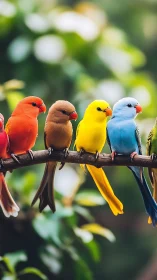Chromatic songbirds aligned on branch with shallow bokeh field