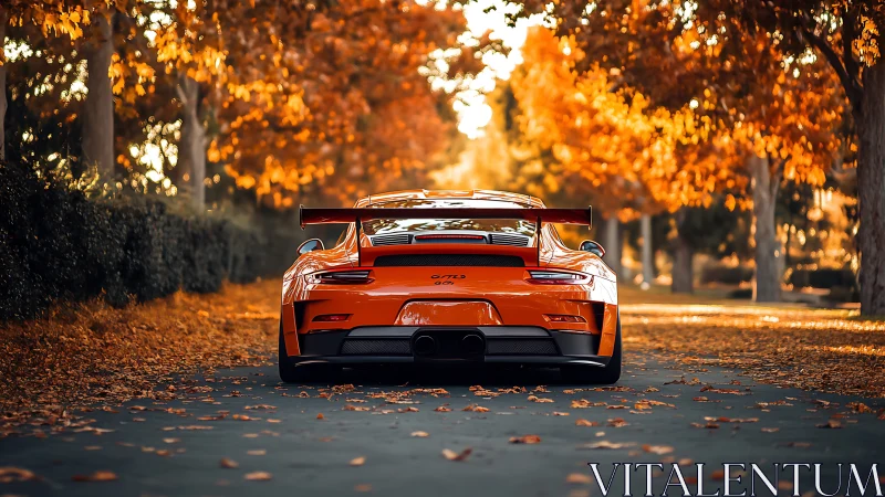 Golden autumn lane welcomes a bold orange sports car