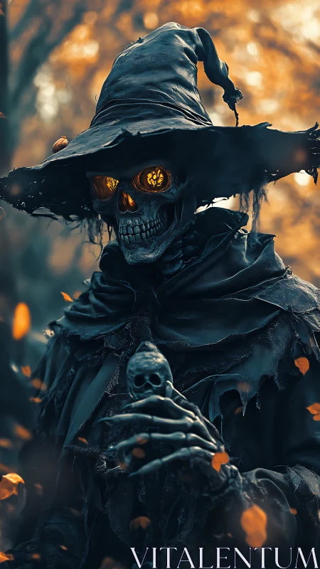 Skeletal sorcerer stands in tattered cloak with glowing eyes