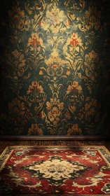 Textured vintage interior with ornate rug and damask wall.