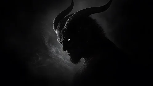 Horned shadow watcher with glowing eyes in drifting smoke.