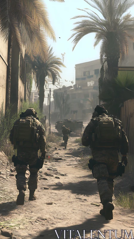 Tactical infantry column advancing through sunlit urban corridor.