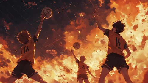 Dynamic low-angle anime volleyball scene under blazing orange sky