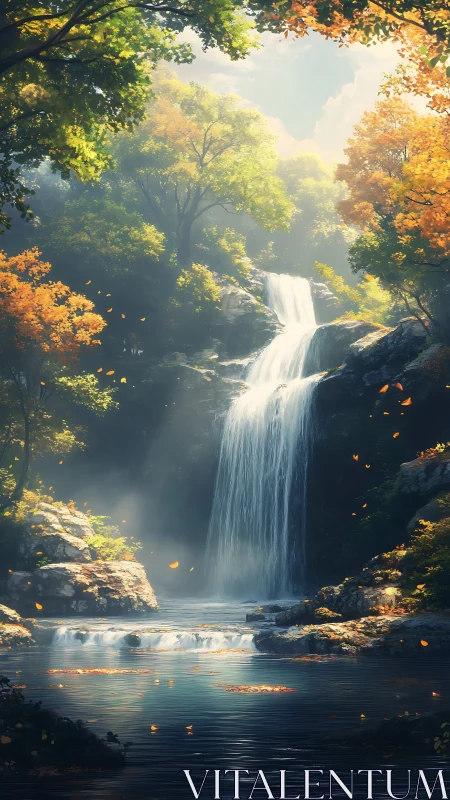 Autumn waterfall sanctuary bathed in drifting golden light.