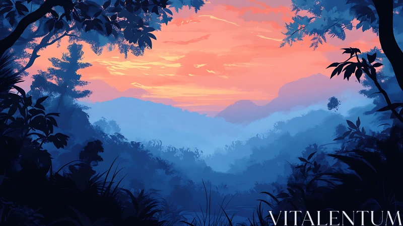 Chromatic gradient jungle valley at dusk with layered silhouettes.