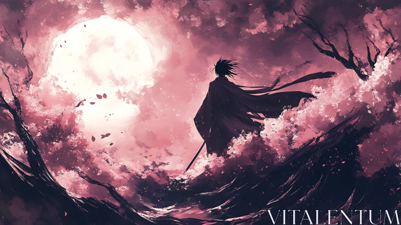 Lone warrior stands under vast moon in pink storm sky.