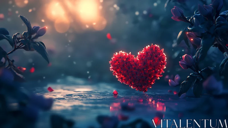 Luminescent heart form glowing amid dark botanical setting.