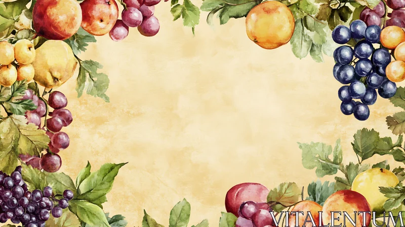 Watercolor fruit border frames warm parchment background elegantly