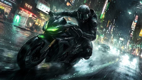 Cyberpunk rain pursuit with neon-lit sport motorcycle focus.