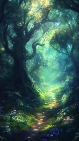 Luminous forest corridor glows with enchanted woodland magic