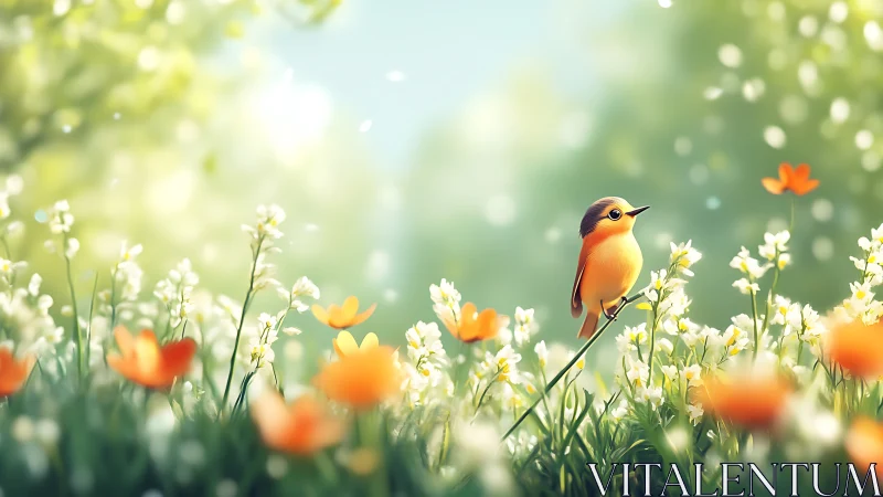 Cute songbird in vibrant spring meadow, digital art illustration.