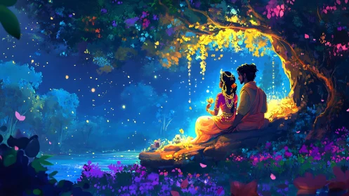 Enchanted Cave Encounter in Bioluminescent Wonderland