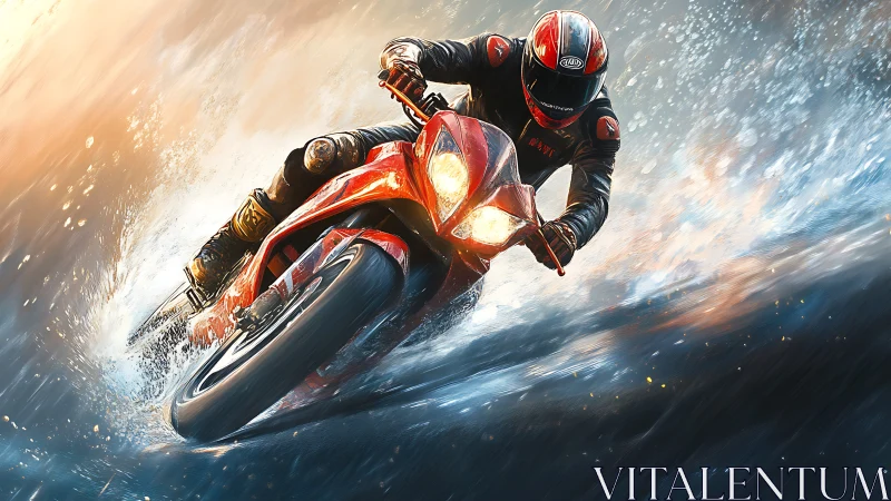 Motorcyclist leans through wet turn under dynamic spray