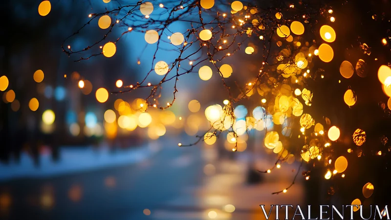 Street lights form golden bokeh on branches at dusk