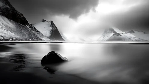 Monochrome alpine seascape with long‑exposure tonal gradients.