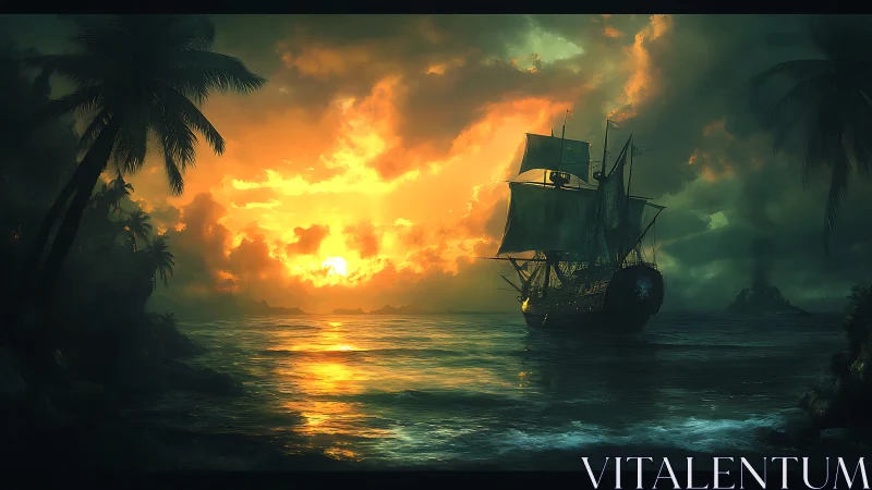 Sailing vessel crosses coastal waters at low sun over horizon