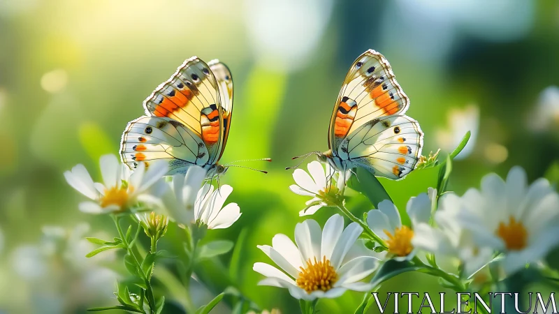 Twin butterflies on white daisies in luminous spring meadow.