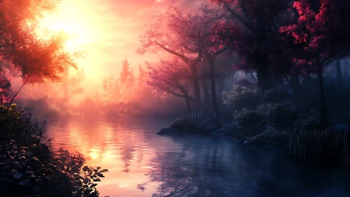 Luminous forest lake glows beneath a dreamy sunrise haze