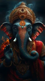 Majestic blue elephant deity in ornate fiery regalia.