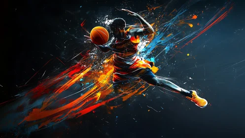 Electric basketball dunk bursting with color and motion.