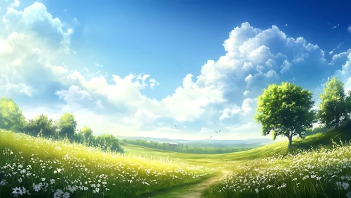 Sunlit wildflower meadow under expansive cumulus sky.