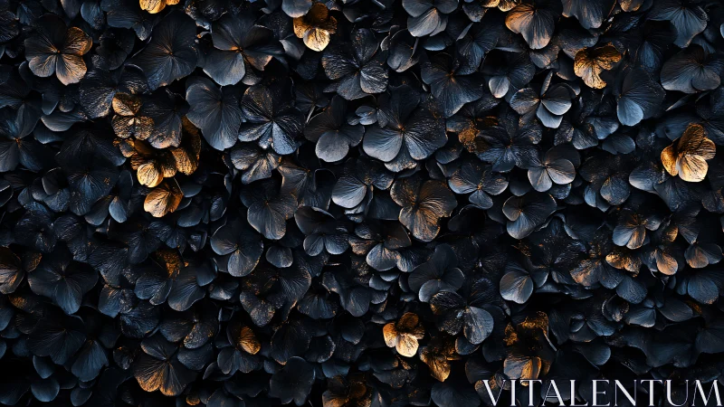 Dark metallic hydrangea petals pattern with gold highlights.
