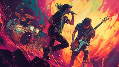 Rock band performance in stylized neon stage environment.