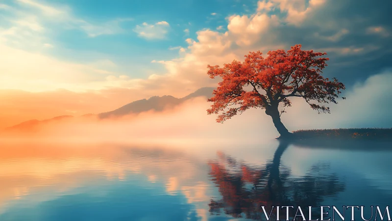 Solitary red tree reflects in still lake under volumetric sunrise light