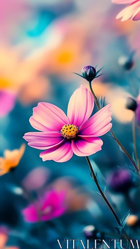 Pink cosmos flower against soft blue bokeh background.