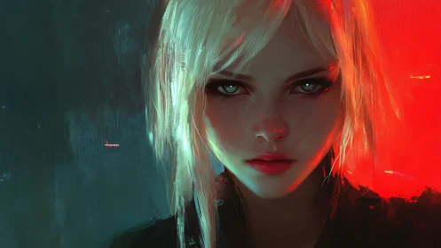 Blonde woman portrait against teal and vivid red background.