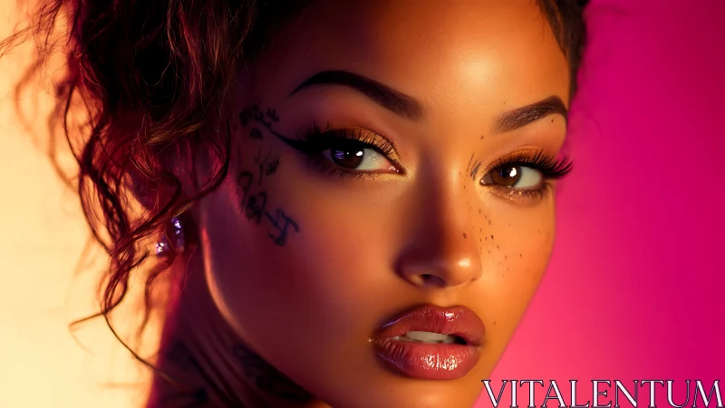 Neon-lit beauty portrait with tattoos and glossy skin finish.