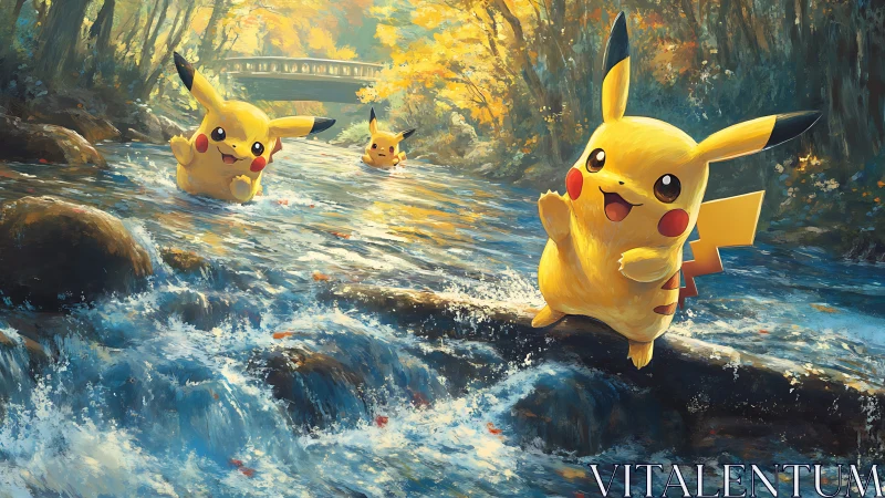 Pikachu characters play in a sunlit forest stream environment
