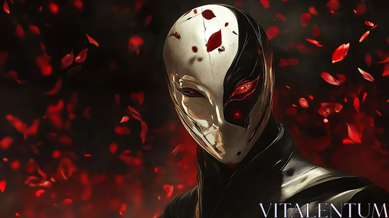 Masked humanoid figure with red eyes amid drifting petals.