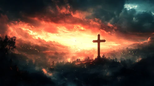 Backlit hilltop cross silhouettes under high-contrast infernal sky