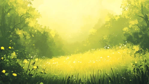Sunlit meadow glows beneath soft, misty forest light.