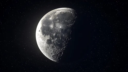 Luminous half moon hangs in a crystal-clear star-filled void