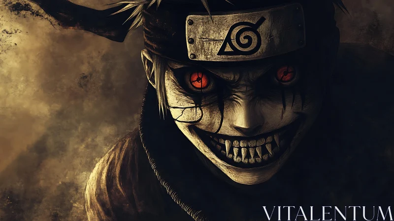 Demonic shinobi portrait with glowing red eyes and feral grin