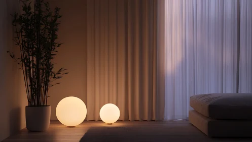 Glowing spherical lamps illuminate minimalist bedroom corner