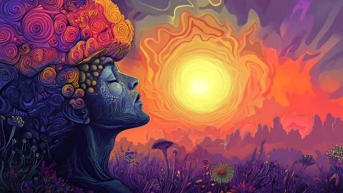 Surreal floral profile under swirling psychedelic sunscape.