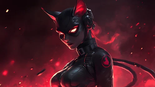 Midnight cyber cat vigilante stalks through molten embers