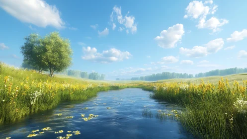River flows through grassy meadow under scattered cumulus clouds