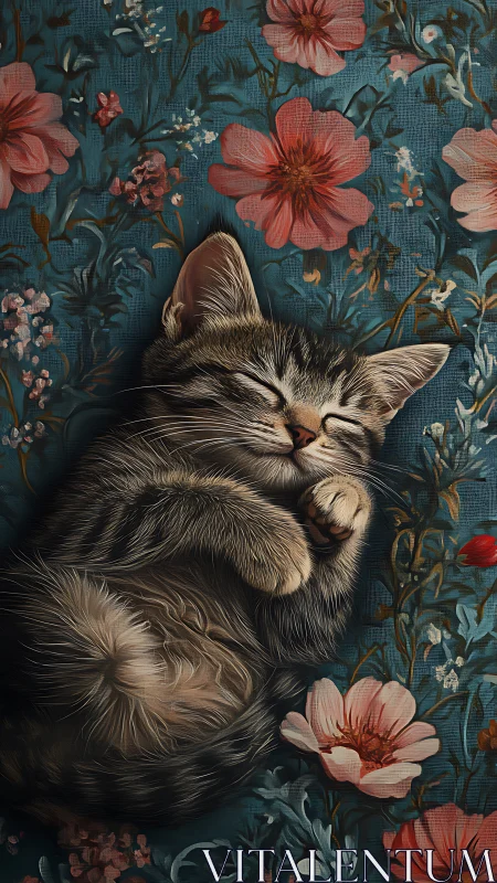 Tabby Cat Resting on Floral Patterned Textile Background