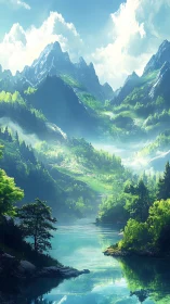 Mountain lake reflects layered forest valleys in soft light